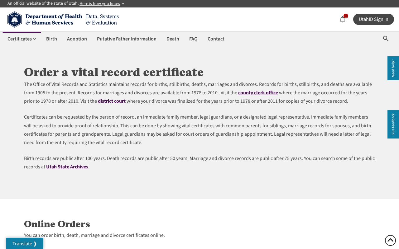 Murray people search Utah vital record certificate ordering